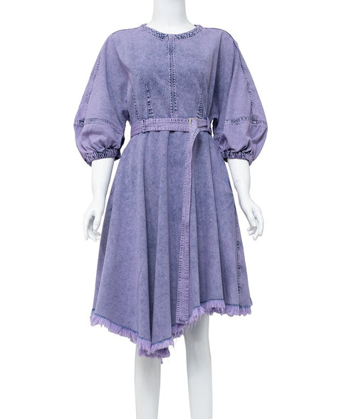 Washed Denim Belted Flare Dress